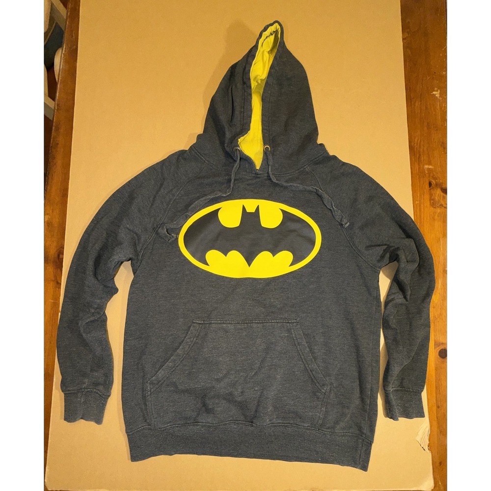 BATMAN Men's Sweatshirt Hoodie 2014 Logo DC Comics Dark Gray Pockets Size L